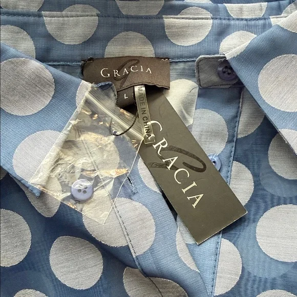 *NWT Gracie Sheer Polka Dot Paneled Button Up with Puff Sleeve Blouse Blue Large - Picture 3 of 4